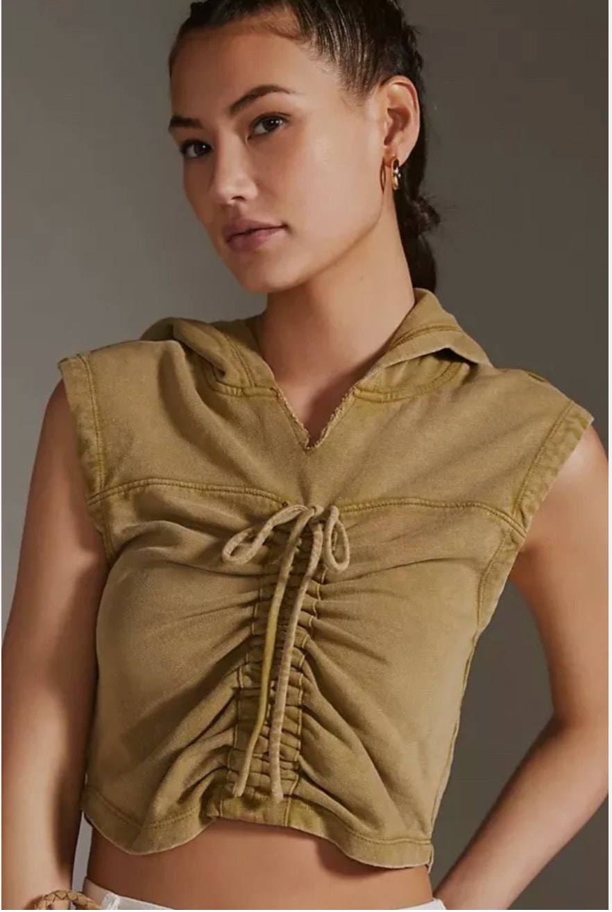 Anthropologie Pilcro Cinched Front Hoodie Tank Top Olive Green Top // M